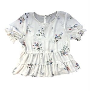 Paper Crane Baby Doll white Floral Print Chiffon Tiered Ruffle Hem Top size M